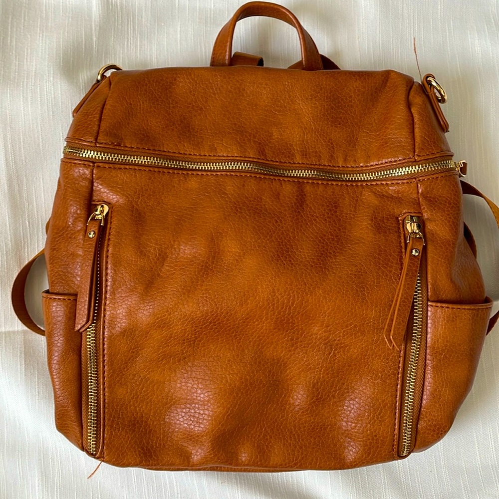 Brown pleather purse with backpack straps.